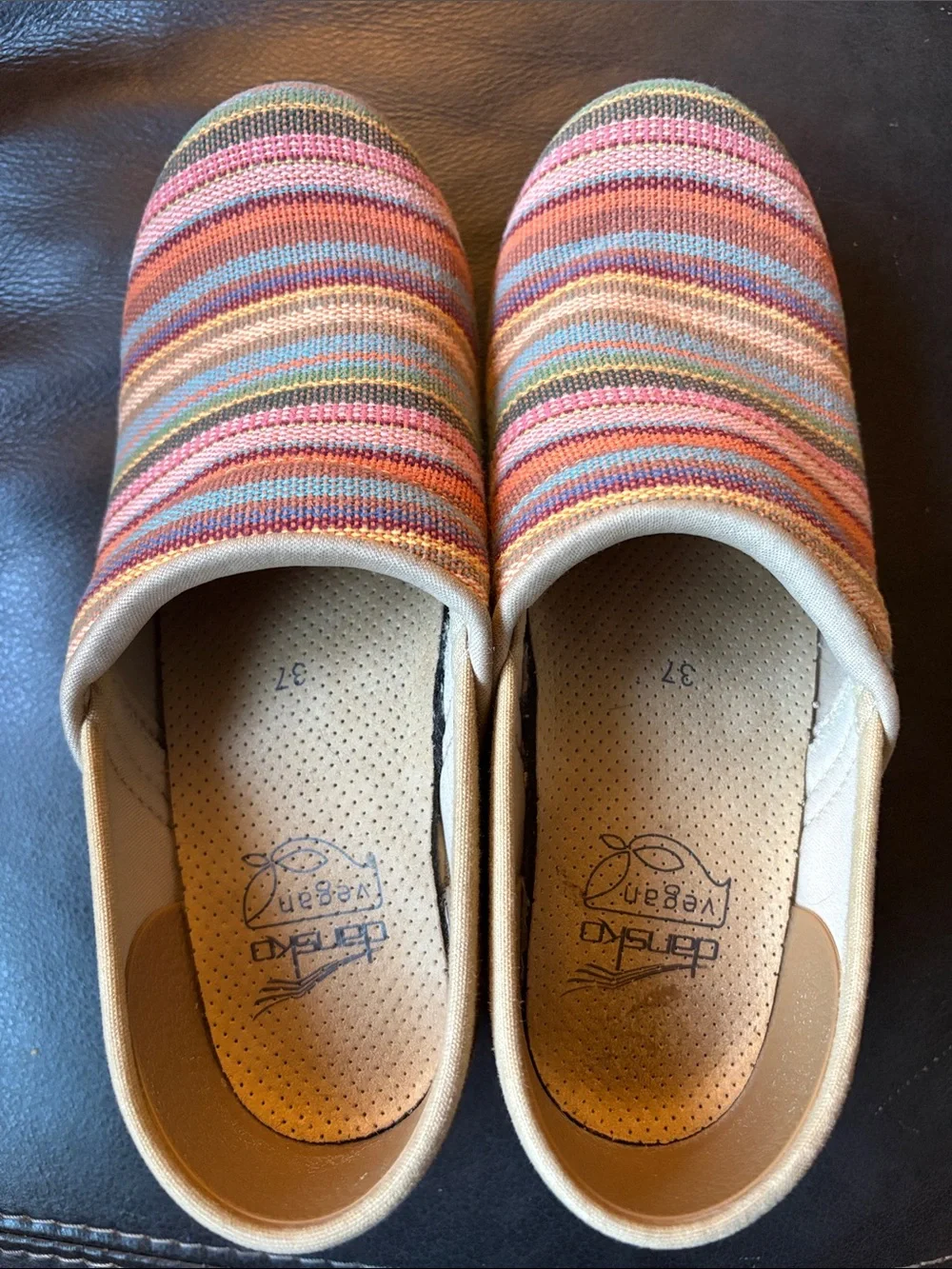 Dansko vegan Pink Orange Blue Striped Slip-Ons espadrille clogs